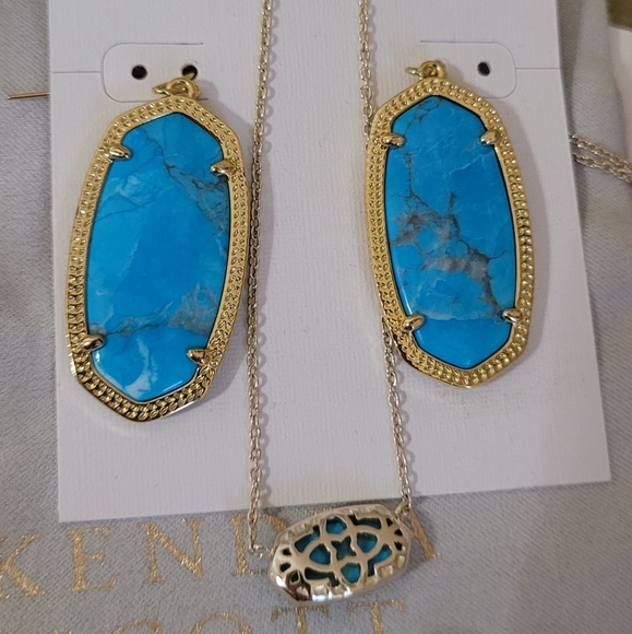 NWT Kendra Scott Necklace & Earring Set Aqua Howlite Marbled Stones Gold - Picture 4 of 4